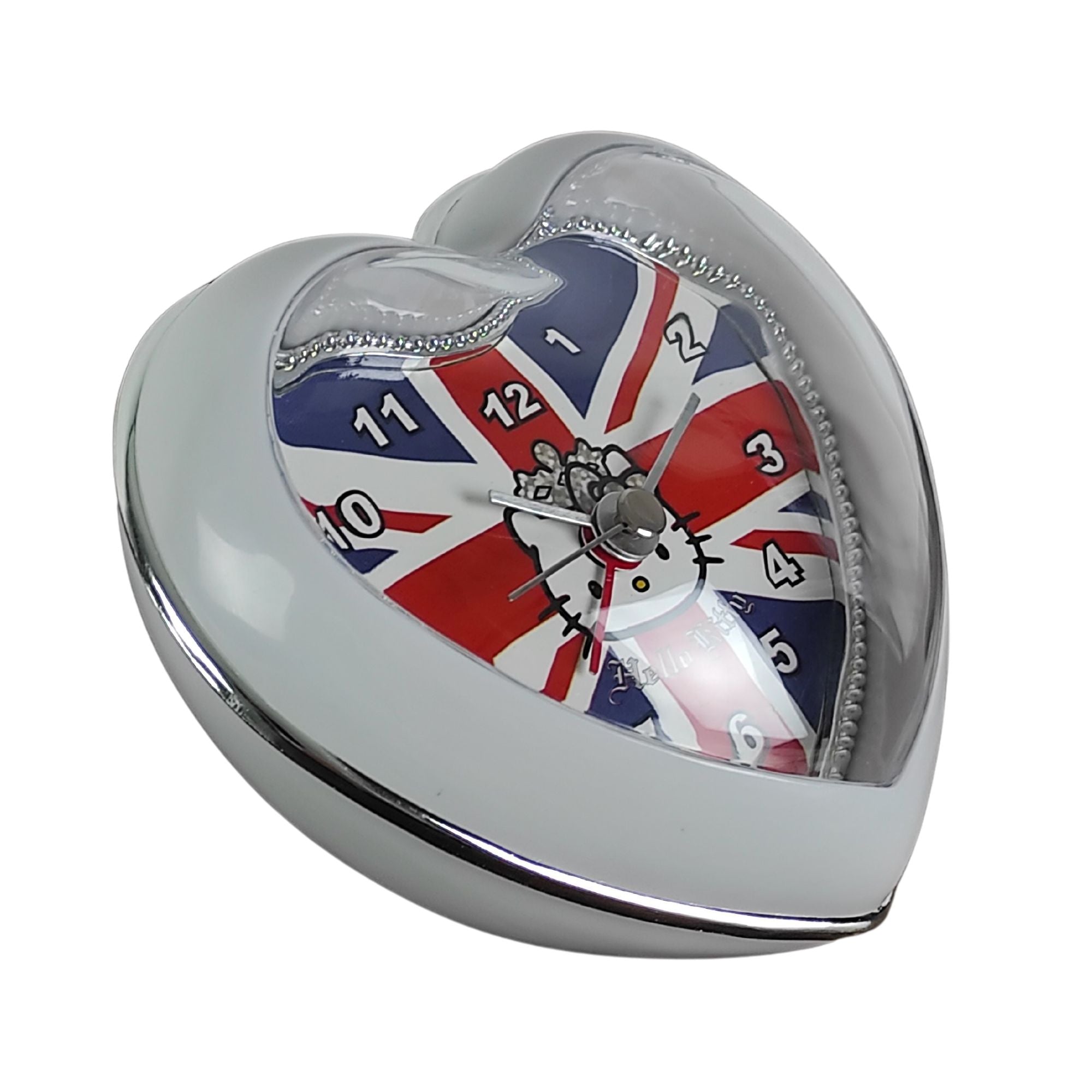 Ceas de masa Hello Kitty UK cu alarma, forma de inima, 11 x 11 cm, Sanrio ZR26322 - nestemag.ro