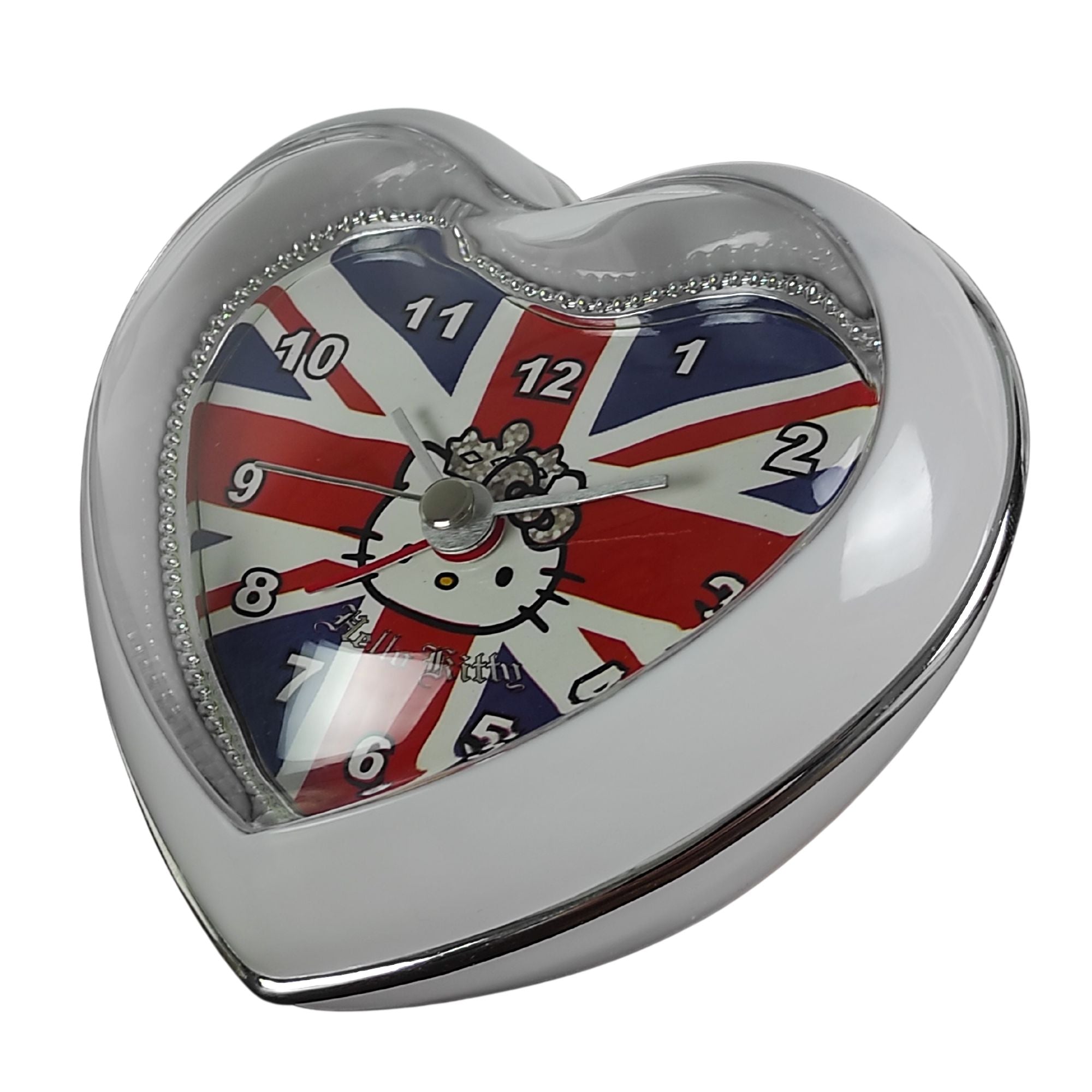 Ceas de masa Hello Kitty UK cu alarma, forma de inima, 11 x 11 cm, Sanrio ZR26322 - nestemag.ro