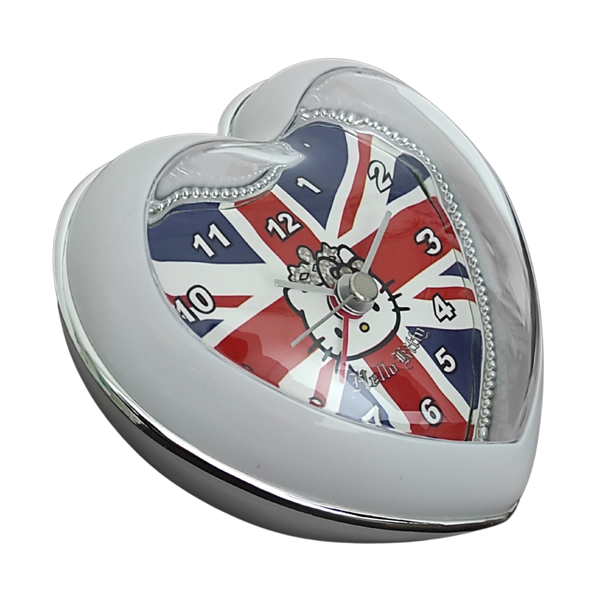 Ceas de masa Hello Kitty UK cu alarma, forma de inima, 11 x 11 cm, Sanrio ZR26322 - nestemag.ro
