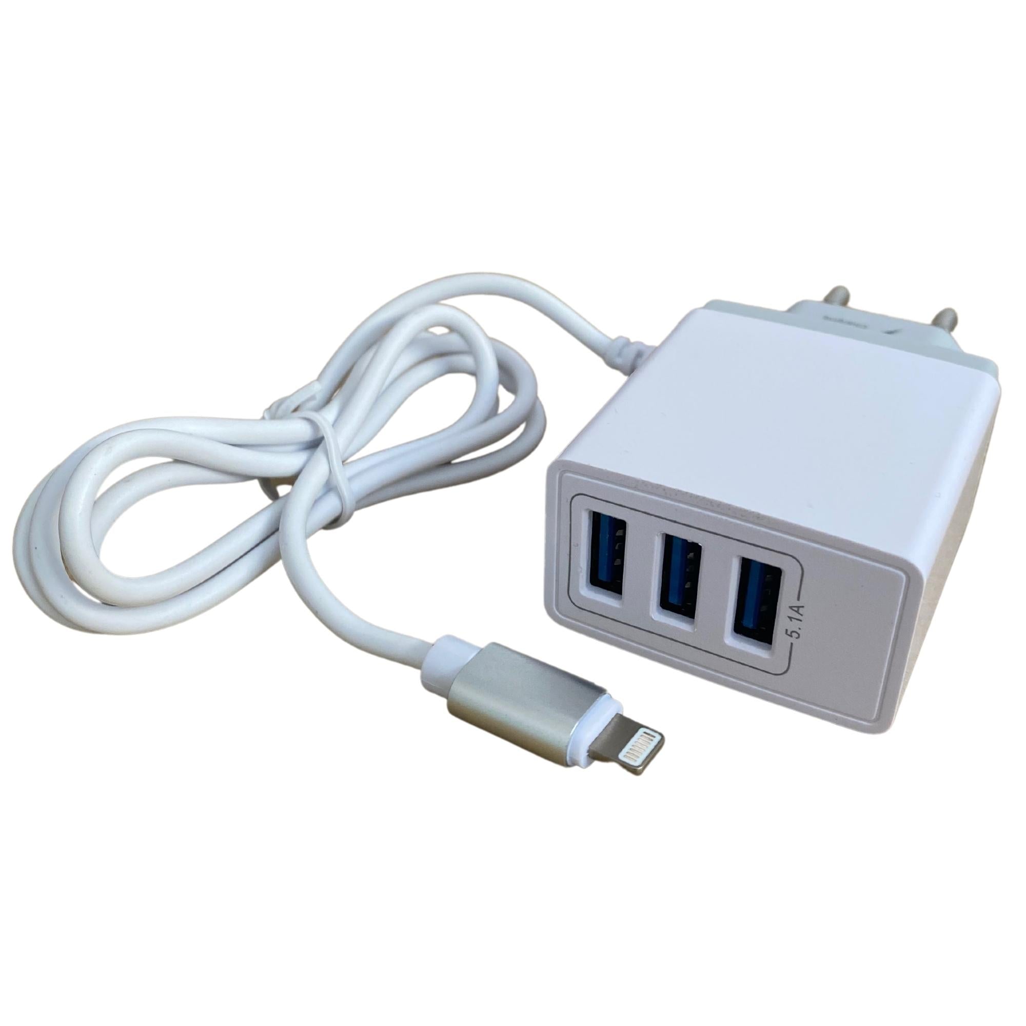 Incarcator / Adaptor retea 5.1 A, 3 x USB, Cablu cu mufa 8 pini compatibil iPhone, 90 cm - nestemag.ro