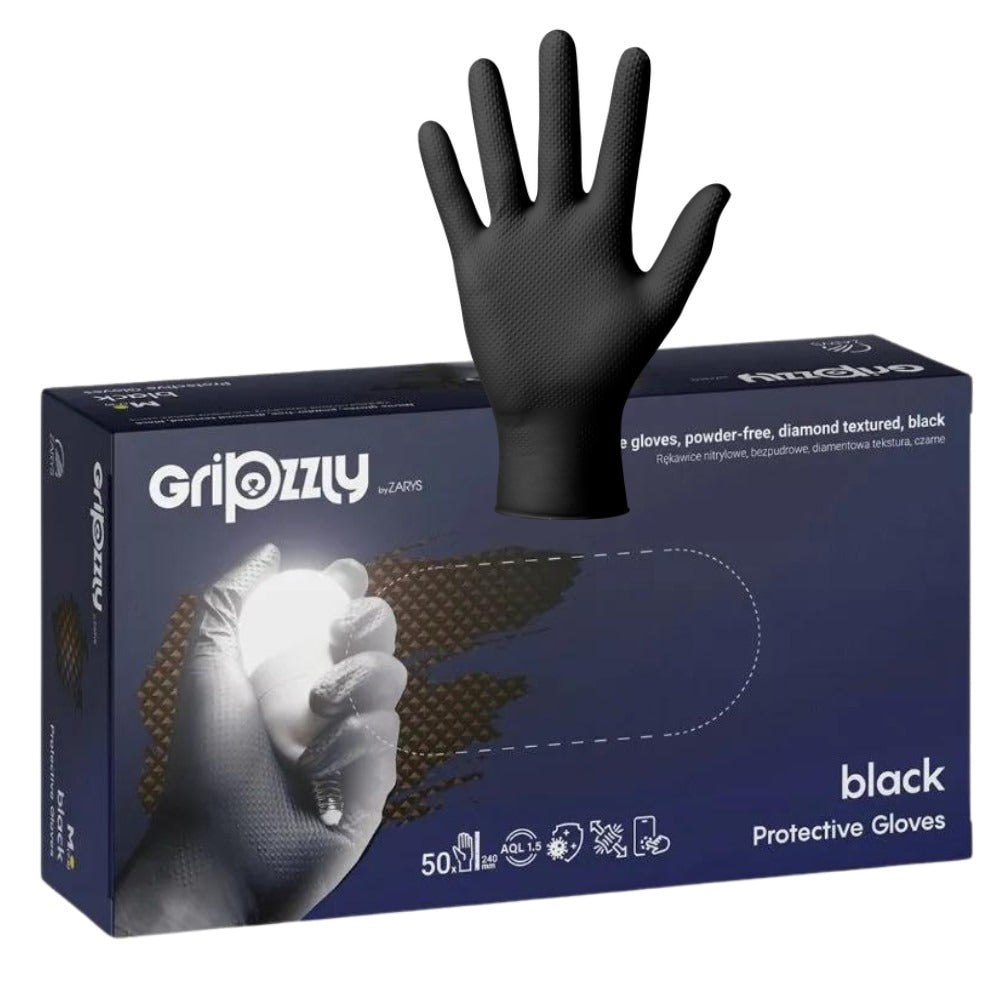 Manusi Nitril Gofrate Diamantate GripZzly, Rezistente la Chimicale si Uleiuri, 50 buc, Negre