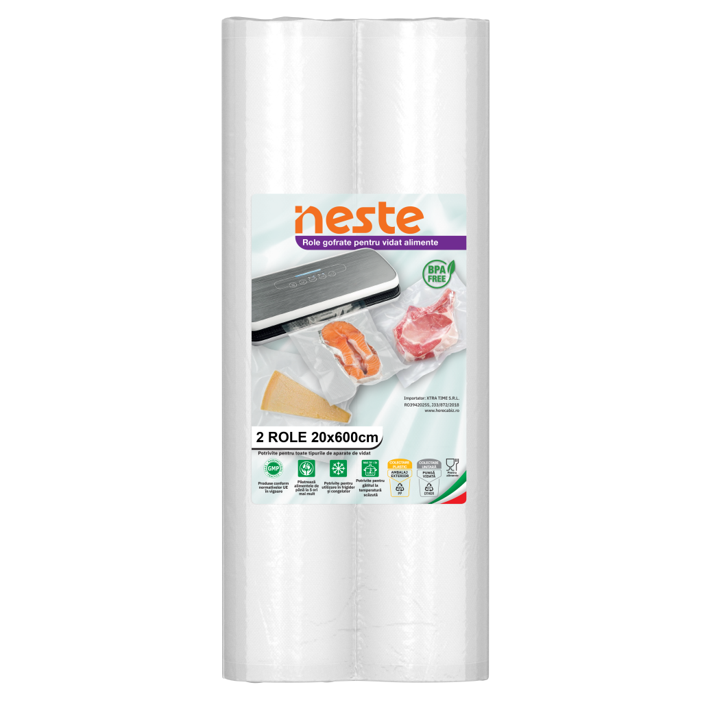 Role Gofrate pentru Vidat Alimente, Neste® Professional, Set 2x6 m, Lățimi Variate, Fără BPA, 20 cm
