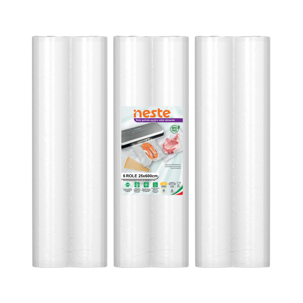 Set 6 Role Vidat Gofrate pentru alimente, 6 m per rola, grosime 90 microni, Neste®