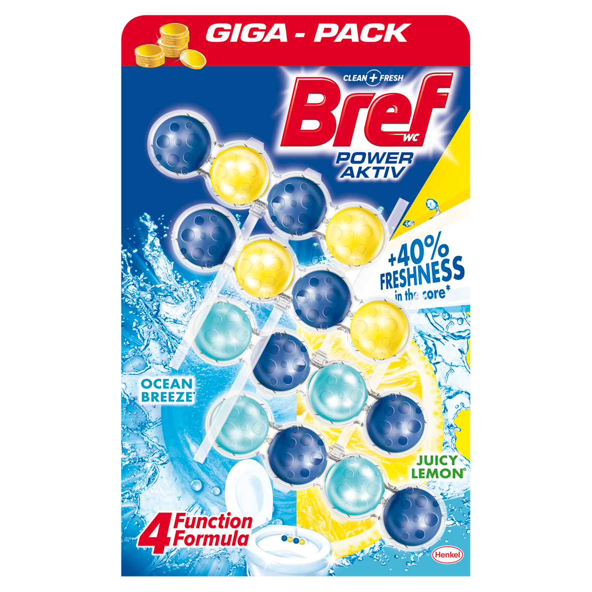 Odorizant toaleta Bref Power Lemon/Ocean, 4x50 g